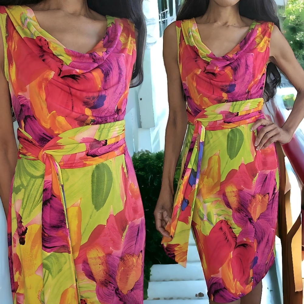 Floral Sheath ❤️ Faux Wrap Dress with Sash Size Small